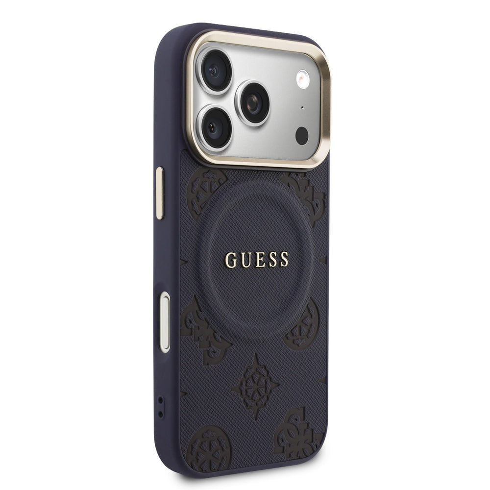 Guess iPhone 17 Pro Backcover hoesje - Magsafe - PU Leather Peony Hot Stamp Design - Blauw-Hoesjes-Ilumina Benelux