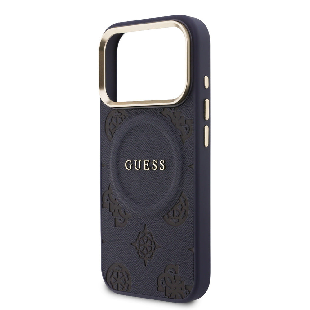 Guess iPhone 17 Pro Backcover hoesje - Magsafe - PU Leather Peony Hot Stamp Design - Blauw-Hoesjes-Ilumina Benelux