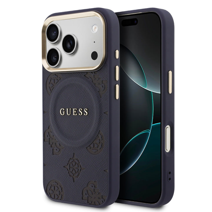 Guess iPhone 17 Pro Backcover hoesje - Magsafe - PU Leather Peony Hot Stamp Design - Blauw-Hoesjes-Ilumina Benelux