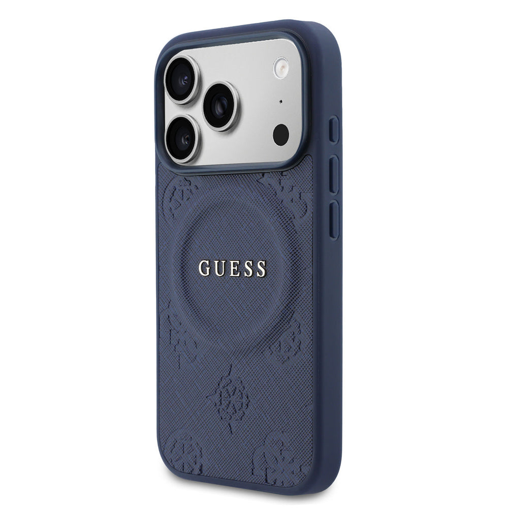 Guess iPhone 17 Pro Backcover hoesje - Magsafe - PU Leather Peony Hot Stamp Design - Navy-Hoesjes-Ilumina Benelux