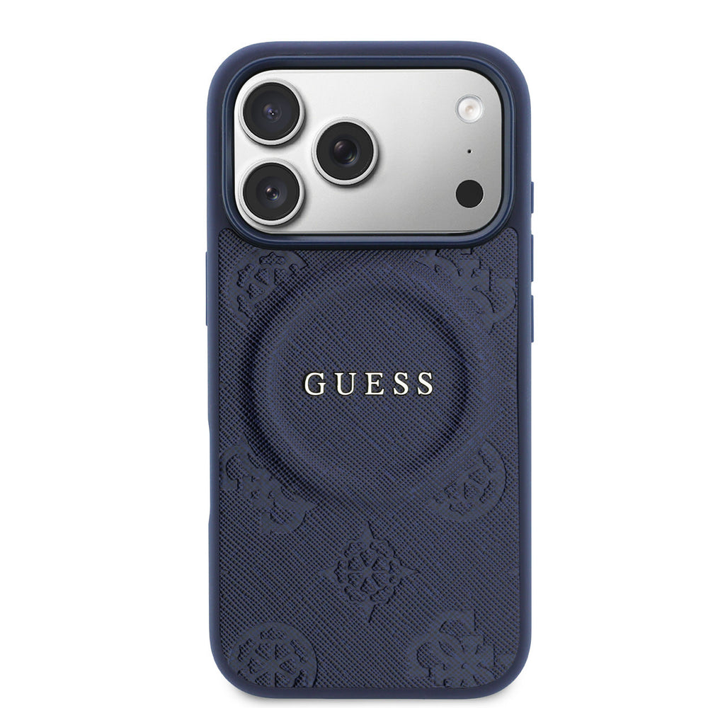 Guess iPhone 17 Pro Backcover hoesje - Magsafe - PU Leather Peony Hot Stamp Design - Navy-Hoesjes-Ilumina Benelux