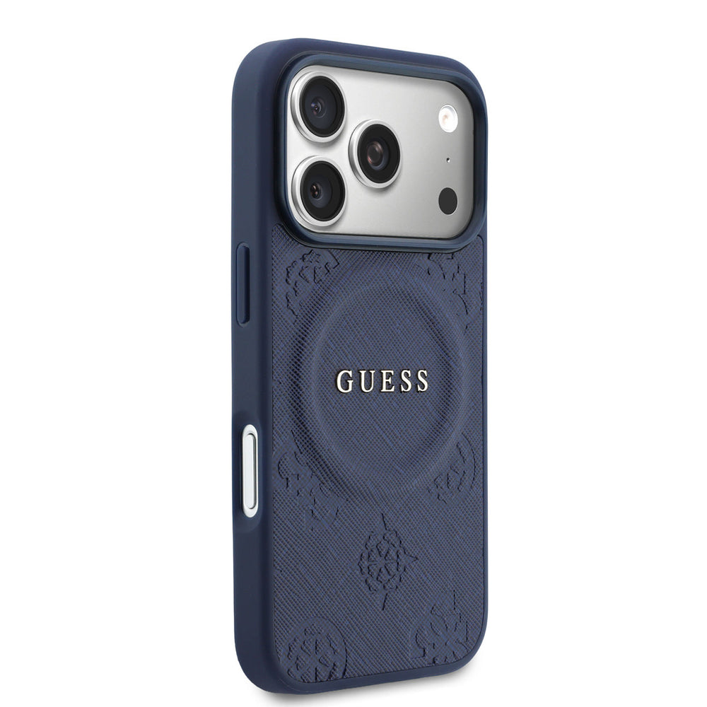 Guess iPhone 17 Pro Backcover hoesje - Magsafe - PU Leather Peony Hot Stamp Design - Navy-Hoesjes-Ilumina Benelux