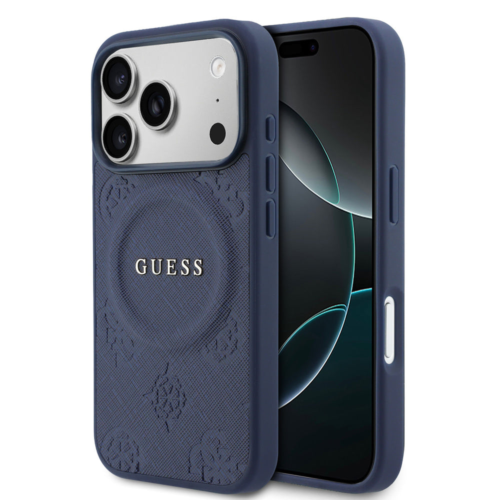 Guess iPhone 17 Pro Backcover hoesje - Magsafe - PU Leather Peony Hot Stamp Design - Navy-Hoesjes-Ilumina Benelux