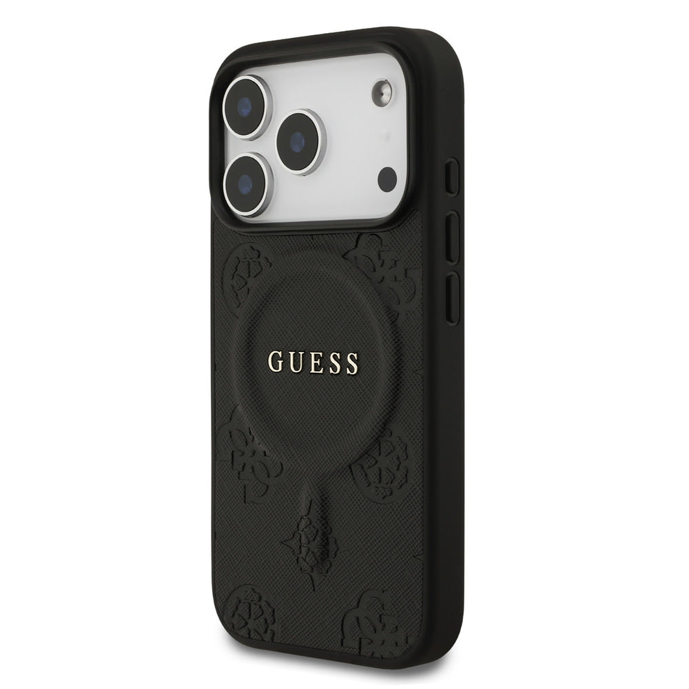 Guess iPhone 17 Pro Backcover hoesje - Magsafe PU Leather - Peony Hot Stamp - Zwart-Hoesjes-Ilumina Benelux