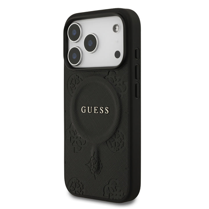 Guess iPhone 17 Pro Backcover hoesje - Magsafe PU Leather - Peony Hot Stamp - Zwart-Hoesjes-Ilumina Benelux
