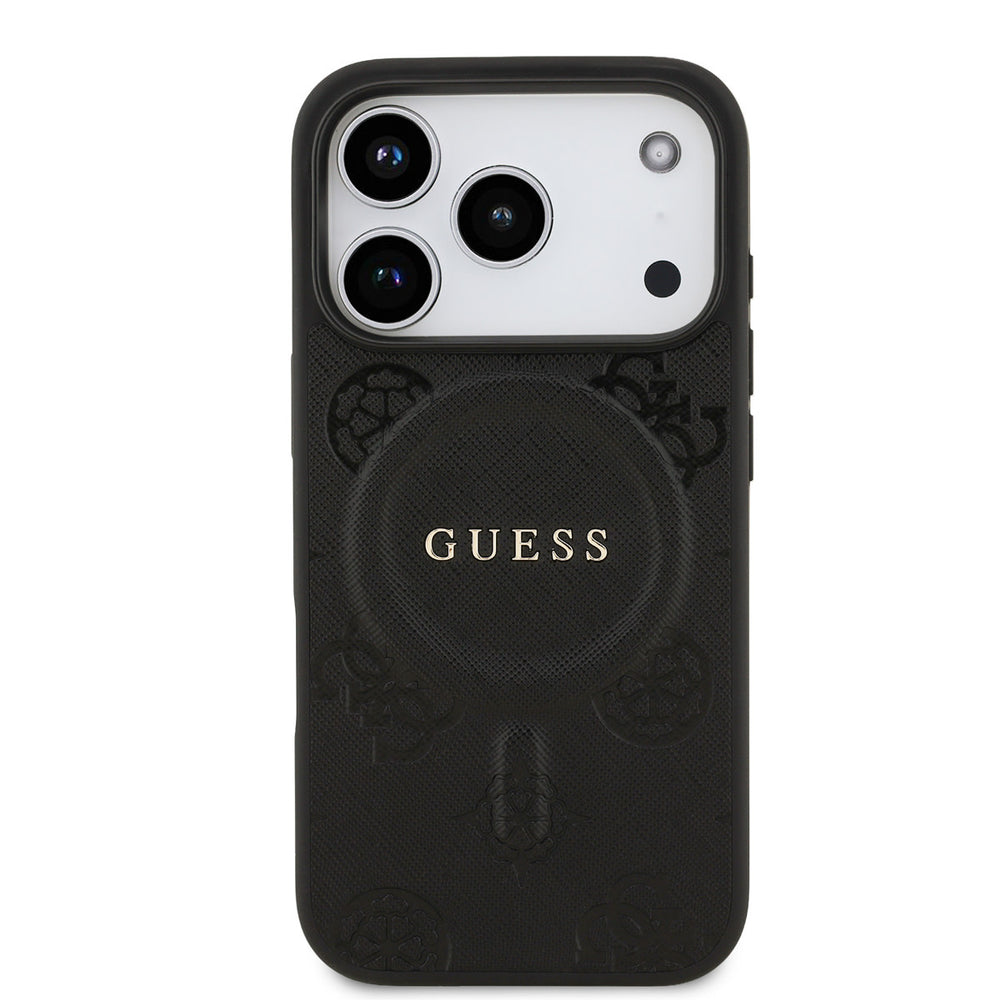 Guess iPhone 17 Pro Backcover hoesje - Magsafe PU Leather - Peony Hot Stamp - Zwart-Hoesjes-Ilumina Benelux