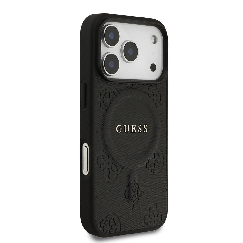 Guess iPhone 17 Pro Backcover hoesje - Magsafe PU Leather - Peony Hot Stamp - Zwart-Hoesjes-Ilumina Benelux
