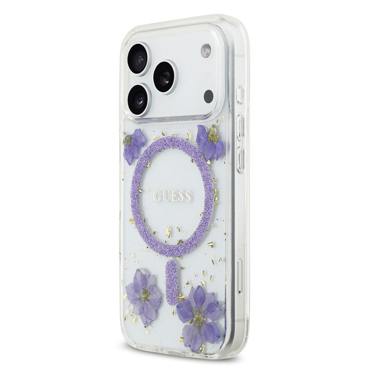 Guess iPhone 17 Pro Backcover hoesje - Magsafe - Resin Flowers Design - Paars-Hoesjes-Ilumina Benelux