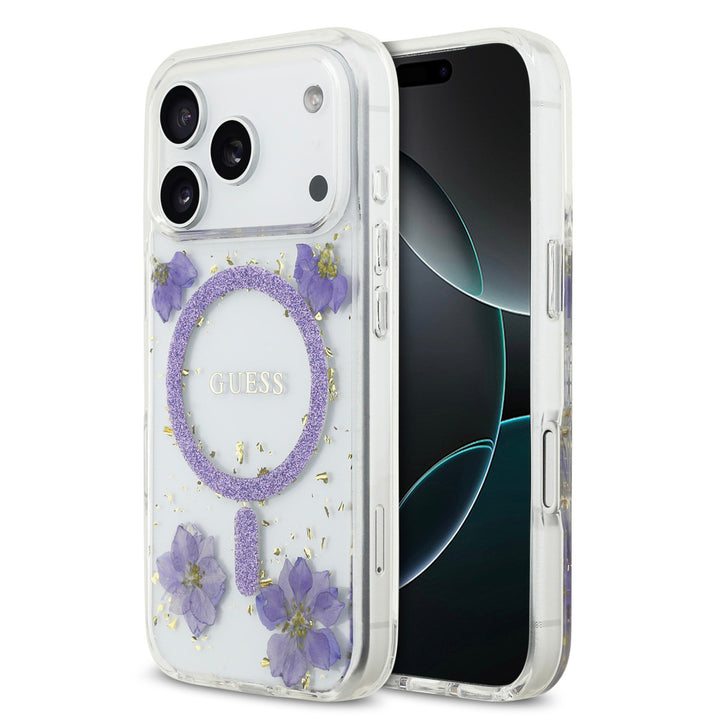 Guess iPhone 17 Pro Backcover hoesje - Magsafe - Resin Flowers Design - Paars-Hoesjes-Ilumina Benelux