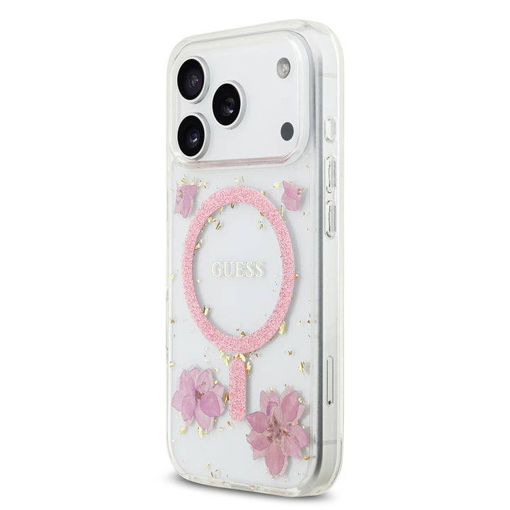 Guess iPhone 17 Pro Backcover hoesje - Magsafe - Resin Flowers Design - Roze-Hoesjes-Ilumina Benelux