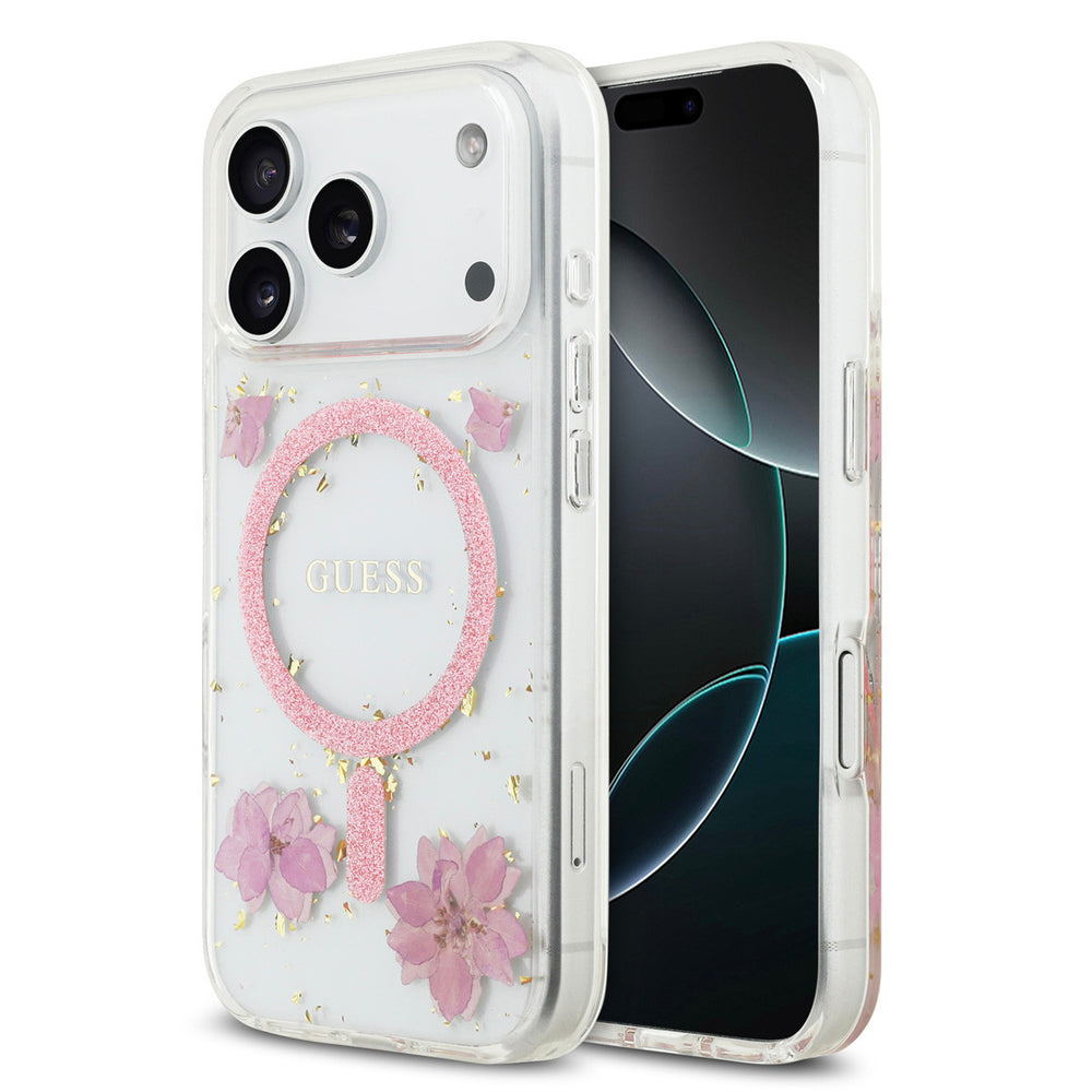 Guess iPhone 17 Pro Backcover hoesje - Magsafe - Resin Flowers Design - Roze-Hoesjes-Ilumina Benelux