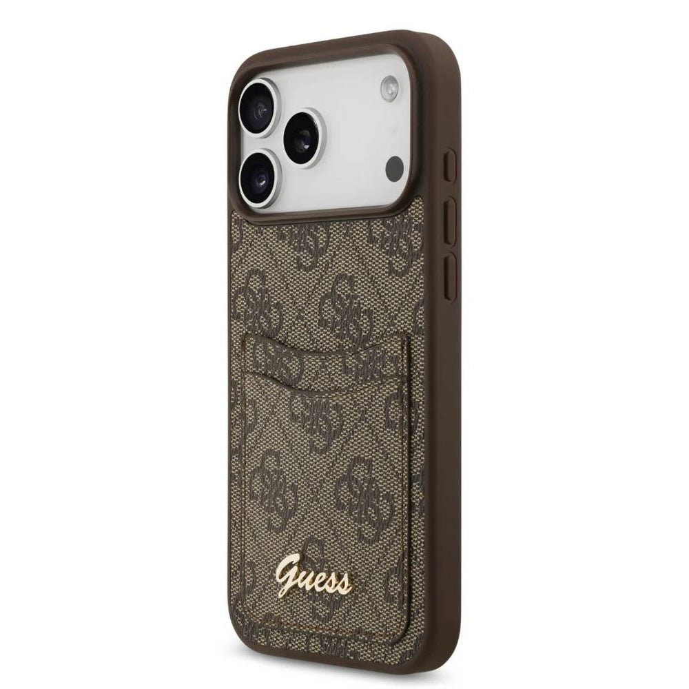 Guess iPhone 17 Pro Backcover hoesje - With Cardslot - Script Metal Logo - Bruin-Hoesjes-Ilumina Benelux
