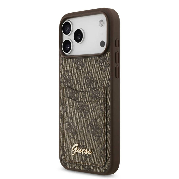 Guess iPhone 17 Pro Backcover hoesje - With Cardslot - Script Metal Logo - Bruin-Hoesjes-Ilumina Benelux