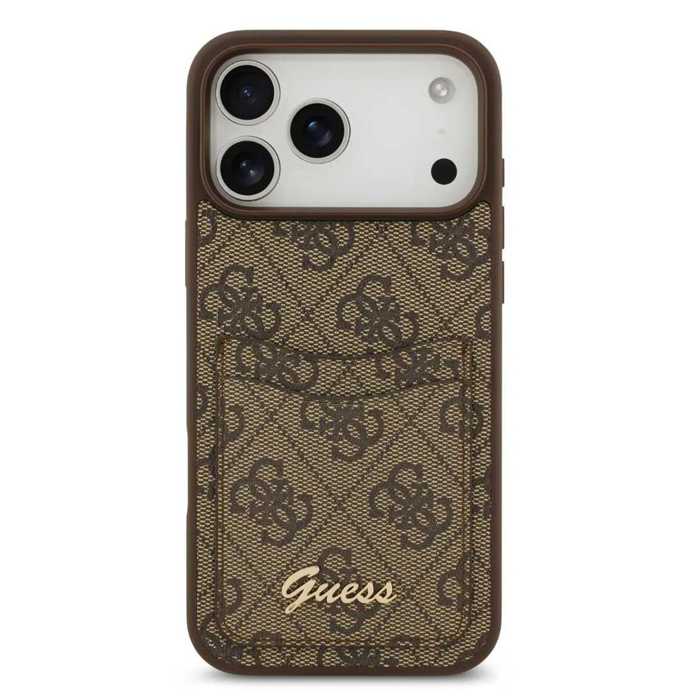 Guess iPhone 17 Pro Backcover hoesje - With Cardslot - Script Metal Logo - Bruin-Hoesjes-Ilumina Benelux