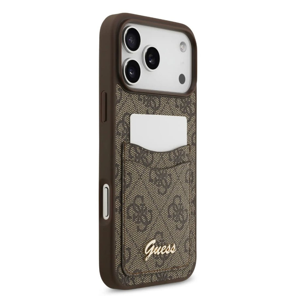 Guess iPhone 17 Pro Backcover hoesje - With Cardslot - Script Metal Logo - Bruin-Hoesjes-Ilumina Benelux
