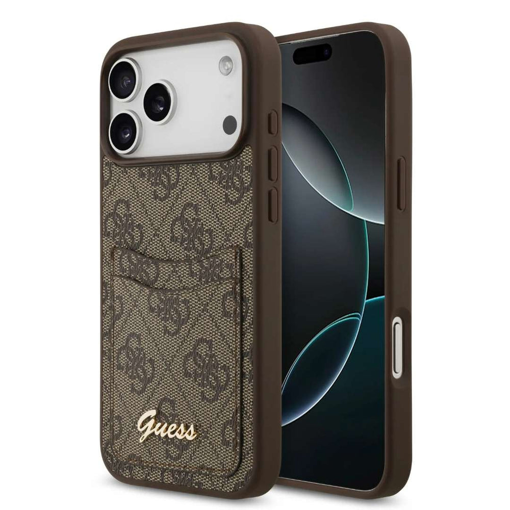Guess iPhone 17 Pro Backcover hoesje - With Cardslot - Script Metal Logo - Bruin-Hoesjes-Ilumina Benelux