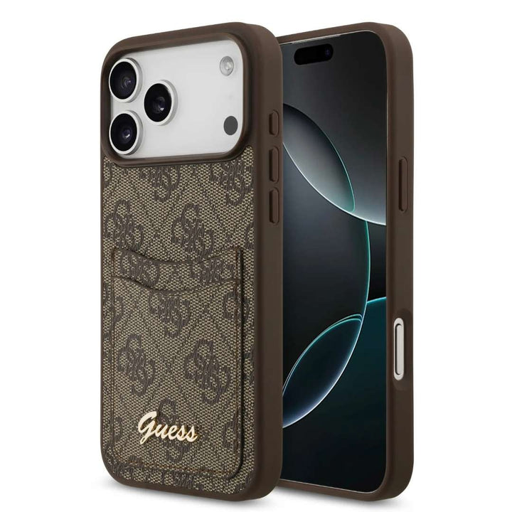 Guess iPhone 17 Pro Backcover hoesje - With Cardslot - Script Metal Logo - Bruin-Hoesjes-Ilumina Benelux