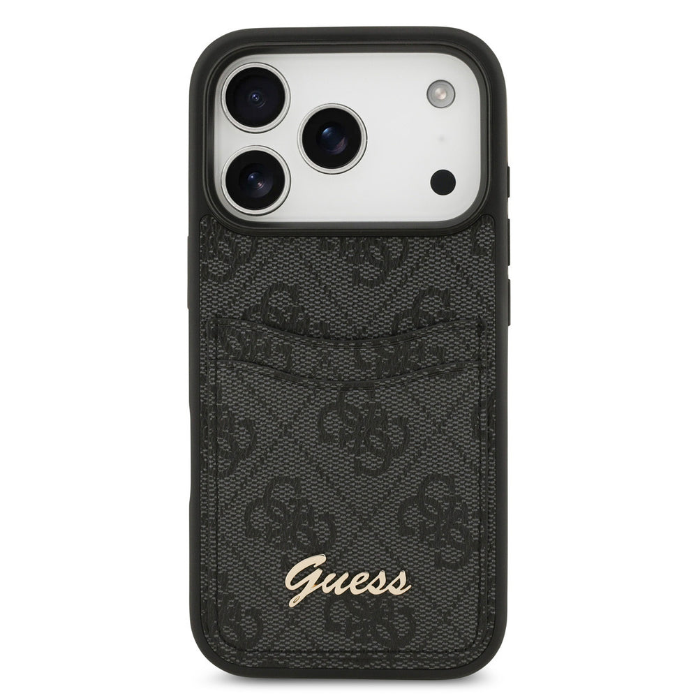 Guess iPhone 17 Pro Backcover hoesje - With Cardslot - Script Metal Logo - Zwart-Hoesjes-Ilumina Benelux