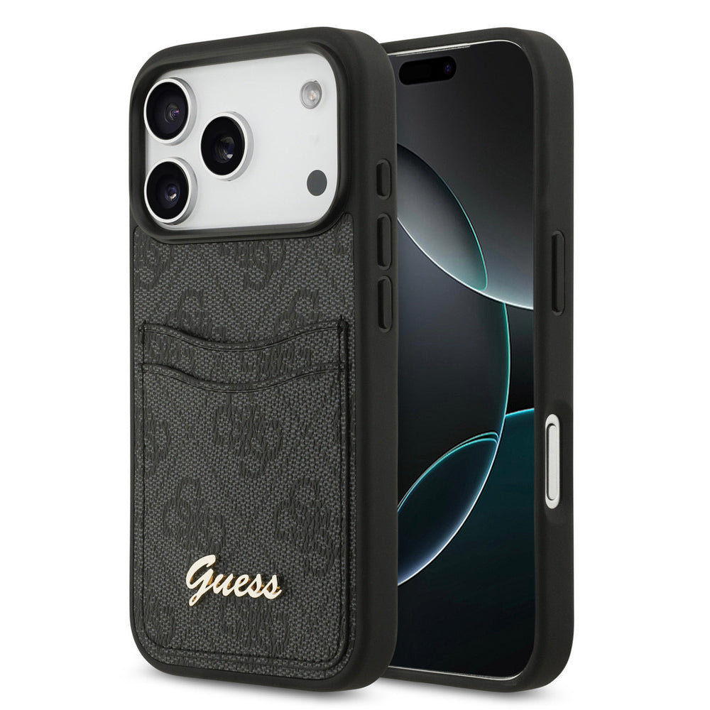 Guess iPhone 17 Pro Backcover hoesje - With Cardslot - Script Metal Logo - Zwart-Hoesjes-Ilumina Benelux