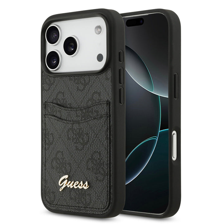 Guess iPhone 17 Pro Backcover hoesje - With Cardslot - Script Metal Logo - Zwart-Hoesjes-Ilumina Benelux