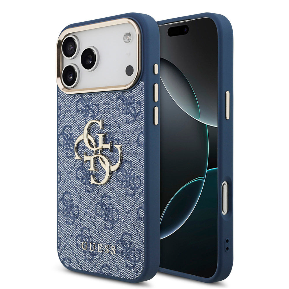 Guess iPhone 17 Pro Max Backcover hoesje - 4G - Big Metal Logo - Gold Edge - Blauw-Hoesjes-Ilumina Benelux