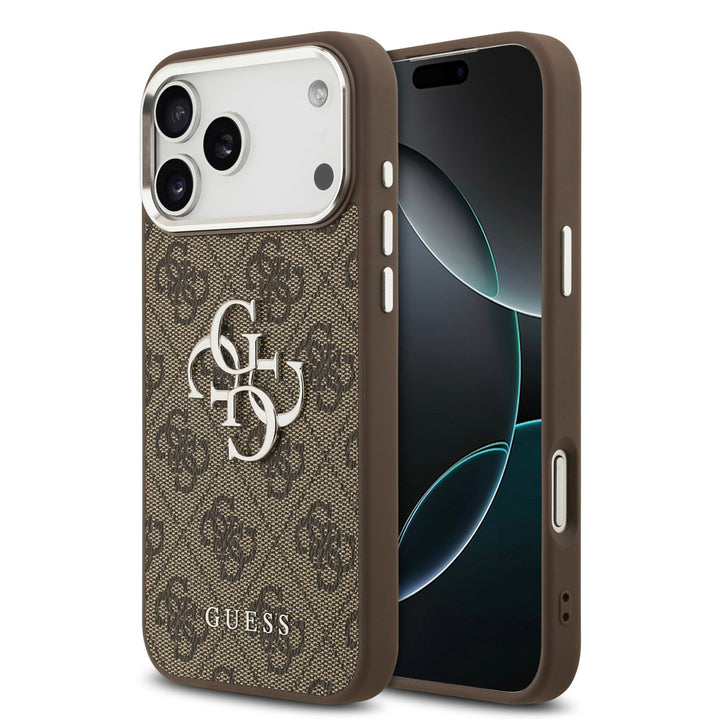 Guess iPhone 17 Pro Max Backcover hoesje - 4G - Big Metal Logo - Silver Edge - Bruin-Hoesjes-Ilumina Benelux