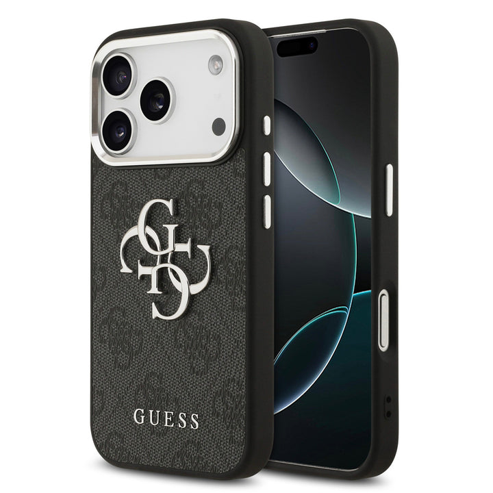Guess iPhone 17 Pro Max Backcover hoesje - 4G - Big Metal Logo - Silver Edge - Zwart-Hoesjes-Ilumina Benelux