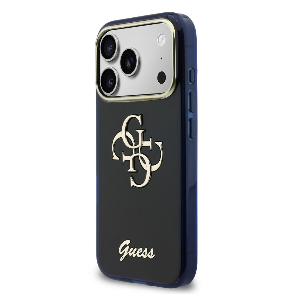 Guess iPhone 17 Pro Max Backcover hoesje - 4G Script Metal Logo - Silver Edge - Navy-Hoesjes-Ilumina Benelux