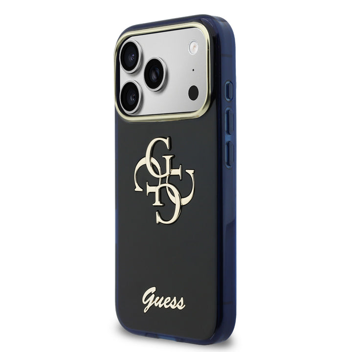 Guess iPhone 17 Pro Max Backcover hoesje - 4G Script Metal Logo - Silver Edge - Navy-Hoesjes-Ilumina Benelux