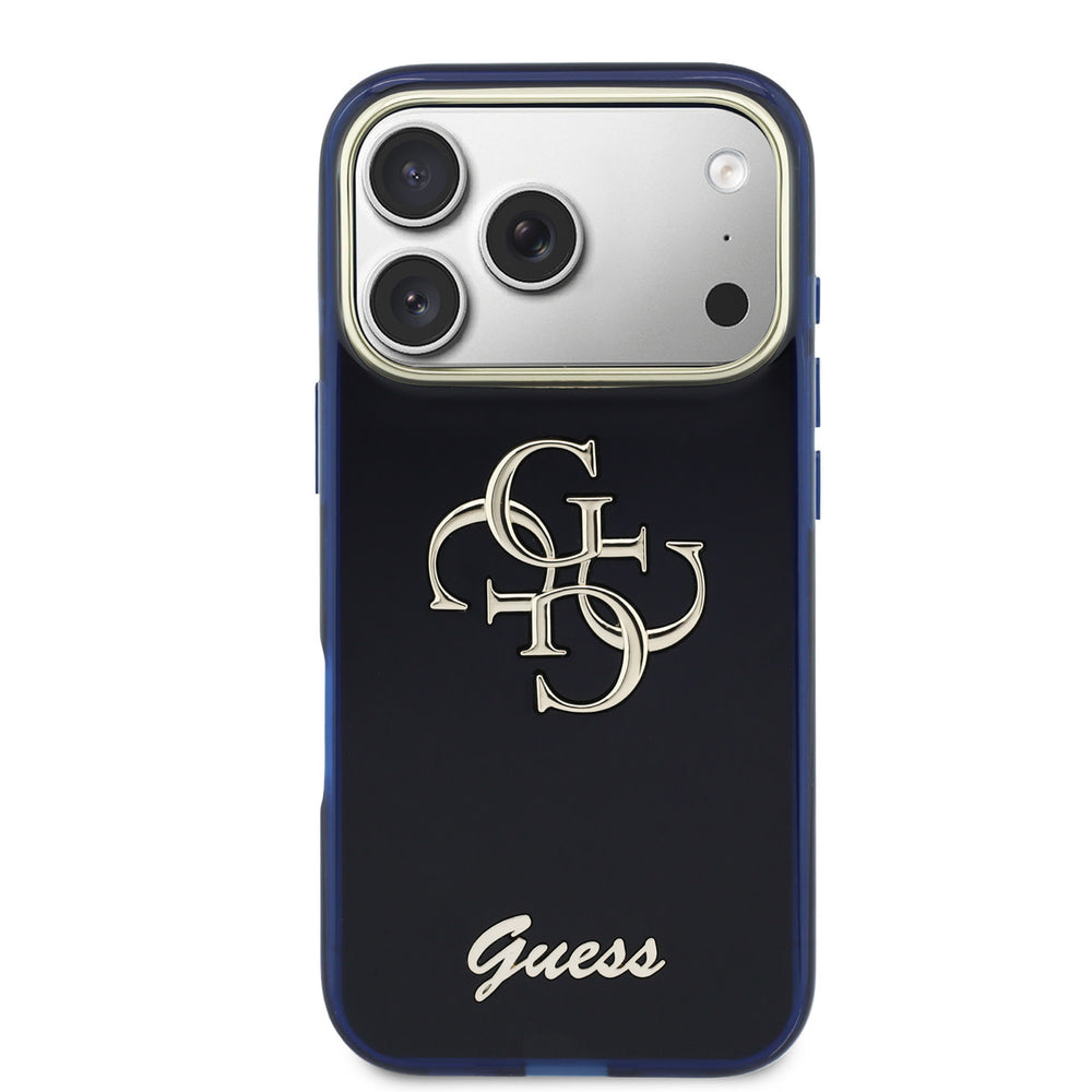 Guess iPhone 17 Pro Max Backcover hoesje - 4G Script Metal Logo - Silver Edge - Navy-Hoesjes-Ilumina Benelux