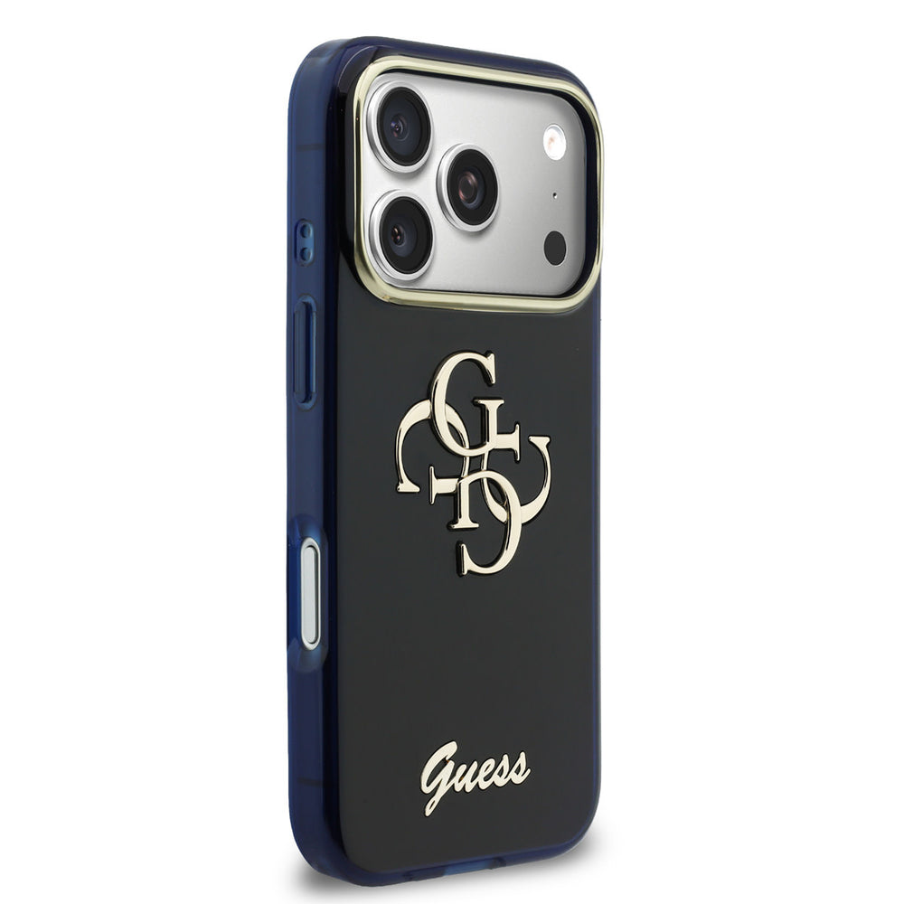 Guess iPhone 17 Pro Max Backcover hoesje - 4G Script Metal Logo - Silver Edge - Navy-Hoesjes-Ilumina Benelux