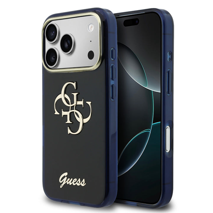 Guess iPhone 17 Pro Max Backcover hoesje - 4G Script Metal Logo - Silver Edge - Navy-Hoesjes-Ilumina Benelux