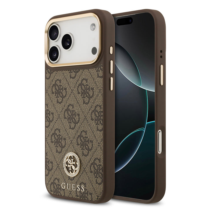 Guess iPhone 17 Pro Max Backcover hoesje - MagSafe - 4G Strass Logo - Gold Edge - Bruin-Hoesjes-Ilumina Benelux