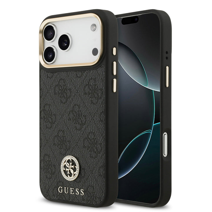 Guess iPhone 17 Pro Max Backcover hoesje - MagSafe - 4G Strass Logo - Gold Edge - Zwart-Hoesjes-Ilumina Benelux