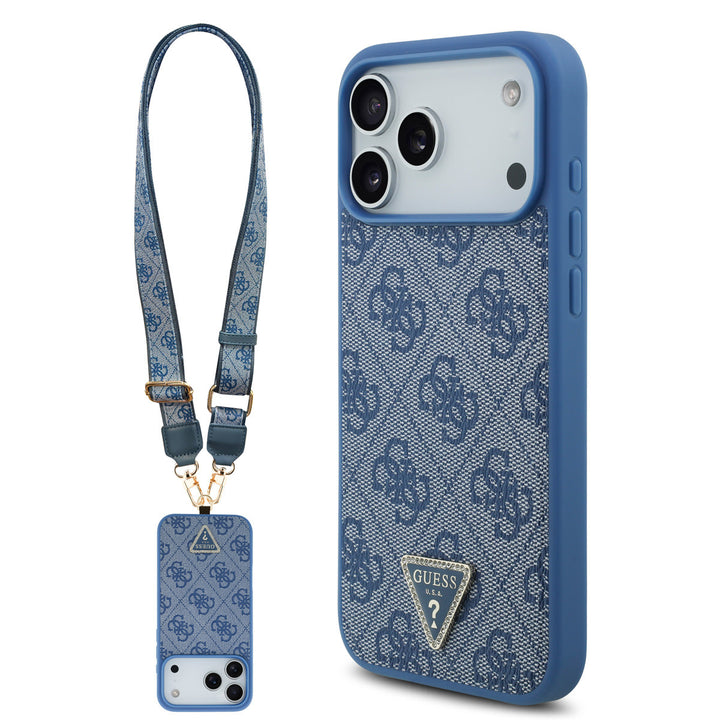 Guess iPhone 17 Pro Max Backcover hoesje - MagSafe With Crossbody Lanyard - 4G Triangle Logo - Blauw-Hoesjes-Ilumina Benelux