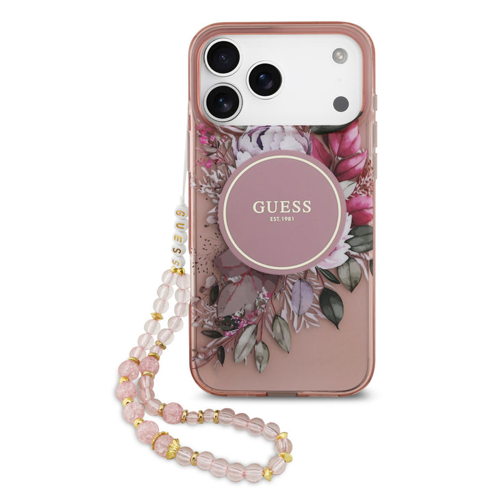 Guess iPhone 17 Pro Max Backcover hoesje - Magsafe - IML Flowers with Pearl Strap - Roze-Hoesjes-Ilumina Benelux