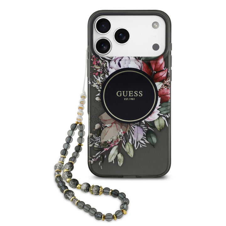 Guess iPhone 17 Pro Max Backcover hoesje - Magsafe - IML Flowers with Pearl Strap - Zwart-Hoesjes-Ilumina Benelux
