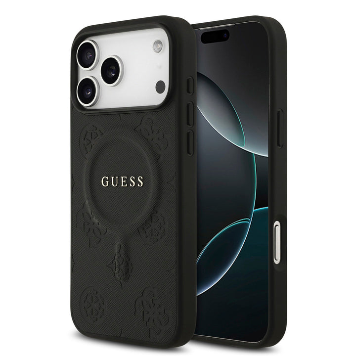 Guess iPhone 17 Pro Max Backcover hoesje - Magsafe PU Leather - Peony Hot Stamp - Zwart-Hoesjes-Ilumina Benelux