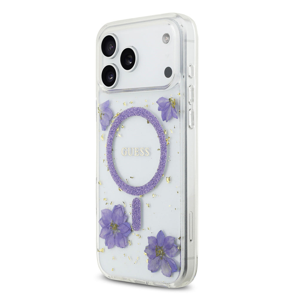 Guess iPhone 17 Pro Max Backcover hoesje - Magsafe - Resin Flowers Design - Paars-Hoesjes-Ilumina Benelux