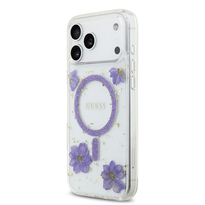 Guess iPhone 17 Pro Max Backcover hoesje - Magsafe - Resin Flowers Design - Paars-Hoesjes-Ilumina Benelux
