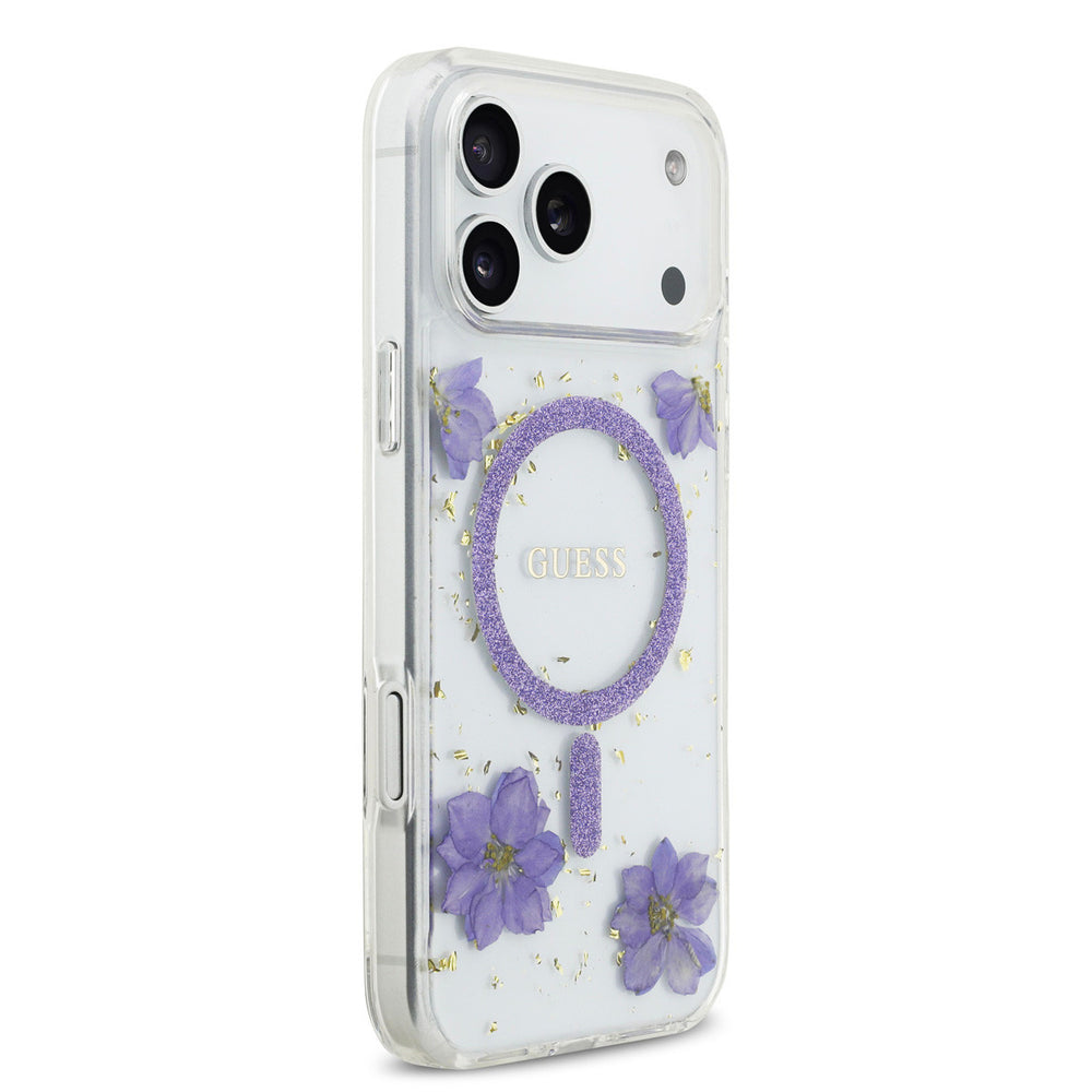 Guess iPhone 17 Pro Max Backcover hoesje - Magsafe - Resin Flowers Design - Paars-Hoesjes-Ilumina Benelux