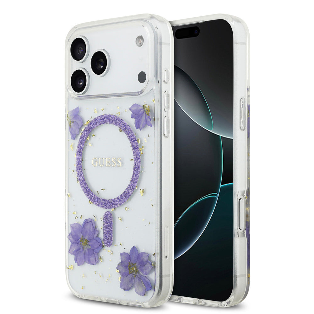 Guess iPhone 17 Pro Max Backcover hoesje - Magsafe - Resin Flowers Design - Paars-Hoesjes-Ilumina Benelux