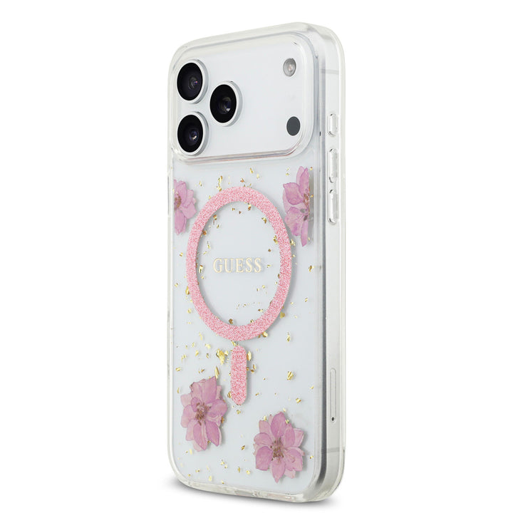 Guess iPhone 17 Pro Max Backcover hoesje - Magsafe - Resin Flowers Design - Roze-Hoesjes-Ilumina Benelux