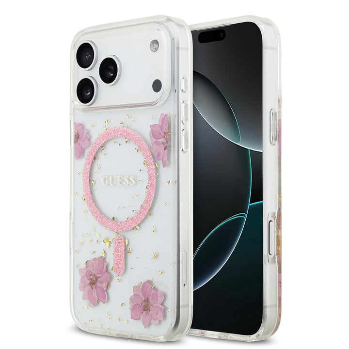 Guess iPhone 17 Pro Max Backcover hoesje - Magsafe - Resin Flowers Design - Roze-Hoesjes-Ilumina Benelux
