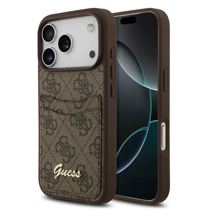 Guess iPhone 17 Pro Max Backcover hoesje - With Cardslot - Script Metal Logo - Bruin-Hoesjes-Ilumina Benelux