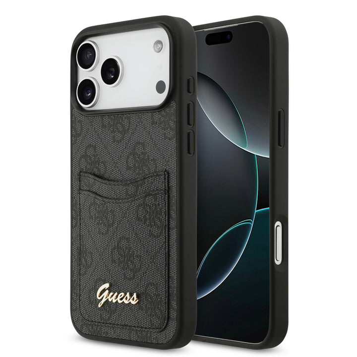 Guess iPhone 17 Pro Max Backcover hoesje - With Cardslot - Script Metal Logo - Zwart-Hoesjes-Ilumina Benelux