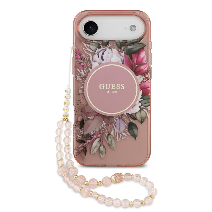 Guess iPhone Air Backcover hoesje - Magsafe - IML Flowers with Pearl Strap - Roze-Hoesjes-Ilumina Benelux