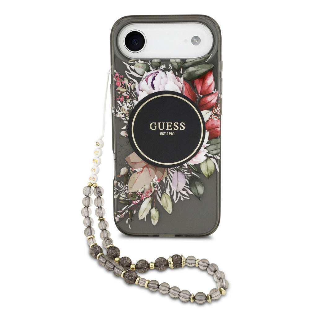 Guess iPhone Air Backcover hoesje - Magsafe - IML Flowers with Pearl Strap - Zwart-Hoesjes-Ilumina Benelux