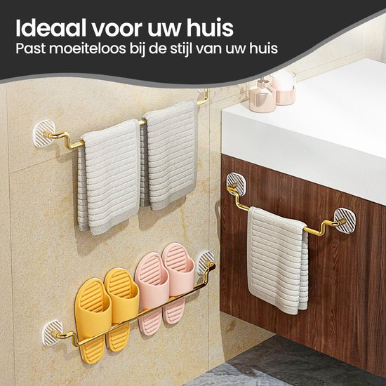 Handdoekrek 60 cm – Zelfklevend Zonder Boren – RVS Handdoekhouder 20 kg Draagkracht – Goudkleurig – Velox Goods VL-533-Handdoekhouder-Ilumina Benelux