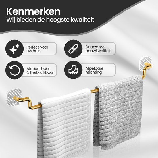 Handdoekrek 60 cm – Zelfklevend Zonder Boren – RVS Handdoekhouder 20 kg Draagkracht – Goudkleurig – Velox Goods VL-533-Handdoekhouder-Ilumina Benelux